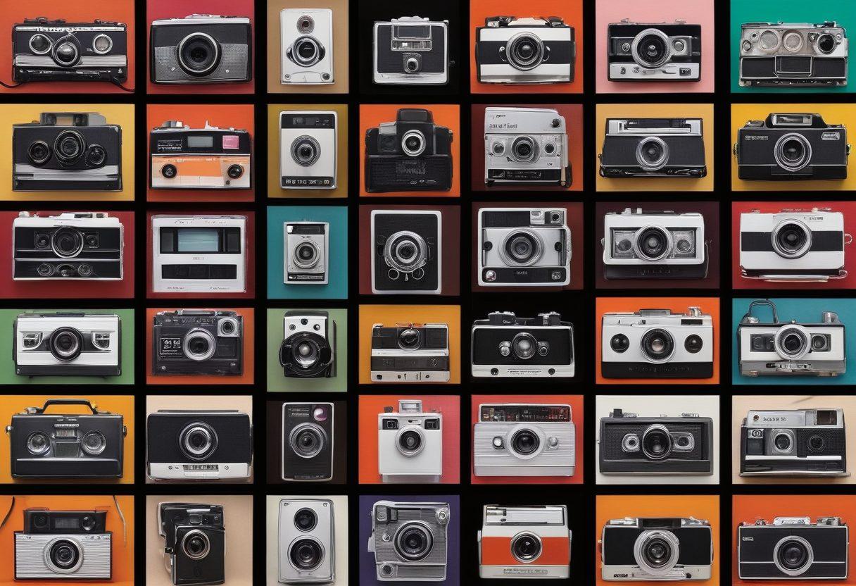 A visually striking collage representing the evolution of adult video entertainment, featuring a timeline from grainy amateur clips to sleek, high-budget X-rated productions. Include elements like vintage cameras, early video cassettes, and modern filming equipment, all set against a vibrant backdrop of changing technology. Illustrate the transformation with dynamic transitions, showcasing the shift from simplicity to sophistication. Use bold colors and engaging visuals for an eye-catching effect. super-realistic. vibrant colors. dynamic composition.