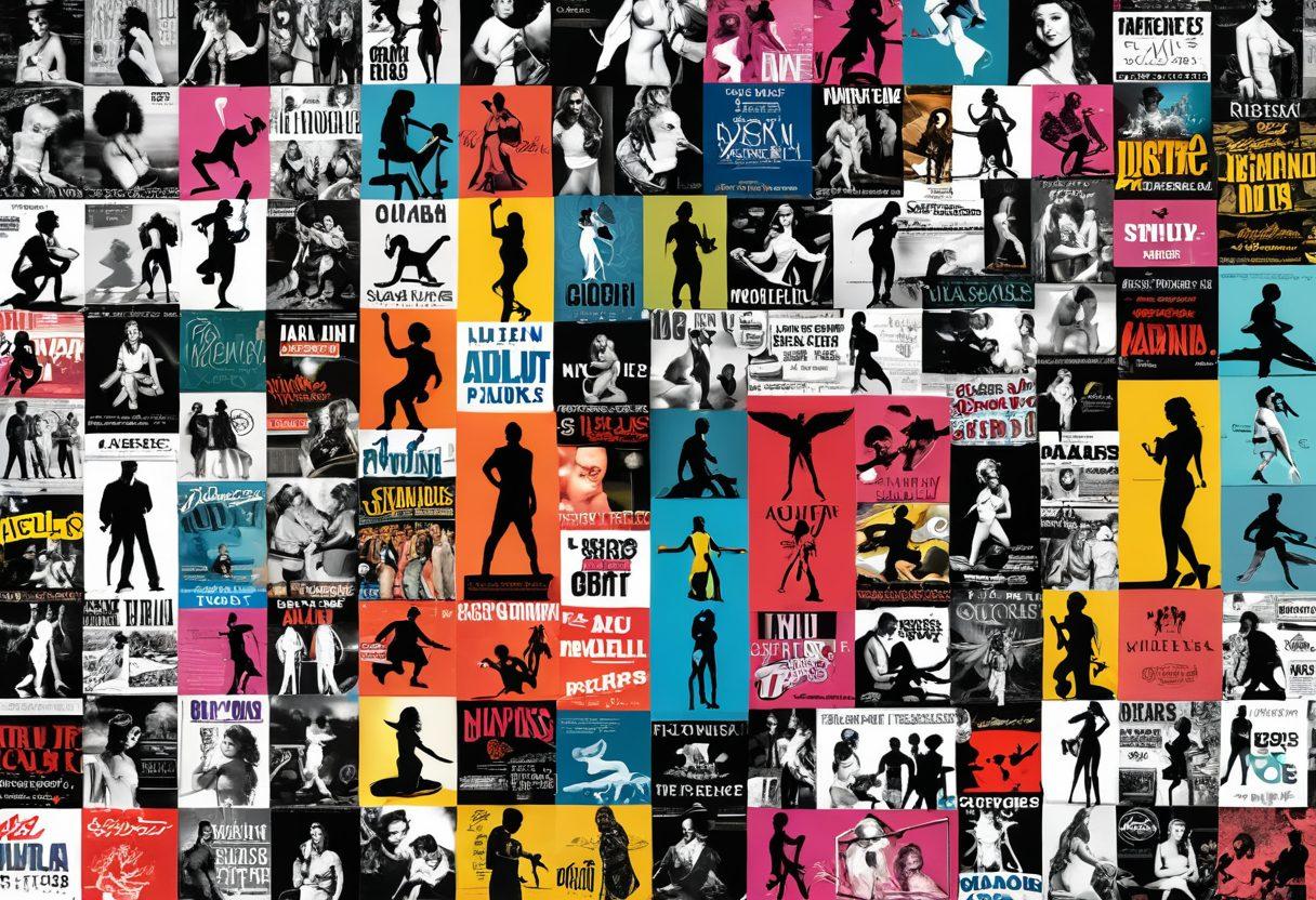 A dynamic collage illustrating the evolution of adult entertainment, featuring iconic imagery from vintage adult magazines to modern smartphones displaying streaming platforms. Incorporate subtle nods to pop culture, like billboards and social media icons. Use contrasting colors to represent the shift from private pleasures to global visibility, with silhouettes of diverse audiences engaging with content. Focus on the playfulness of the theme while maintaining an artistic elegance. vibrant colors. digital art.