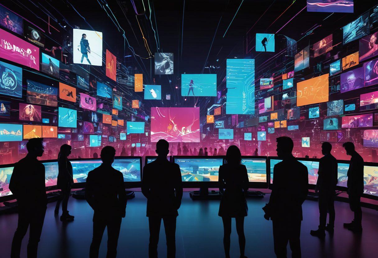 A bold, artistic representation of a diverse group of individuals navigating a digital landscape filled with vibrant screens showcasing adult video content. The background illustrates a spectrum of colors representing different aspects of explicit content, while symbols of connection and community emerge. Stylized silhouettes interact with digital devices, reflecting both the complexity and impact of adult video sharing. cyberpunk. vibrant colors. super-realistic.